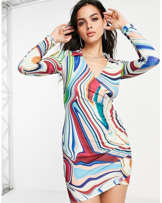 Bershka drape shirt dress in holographic print