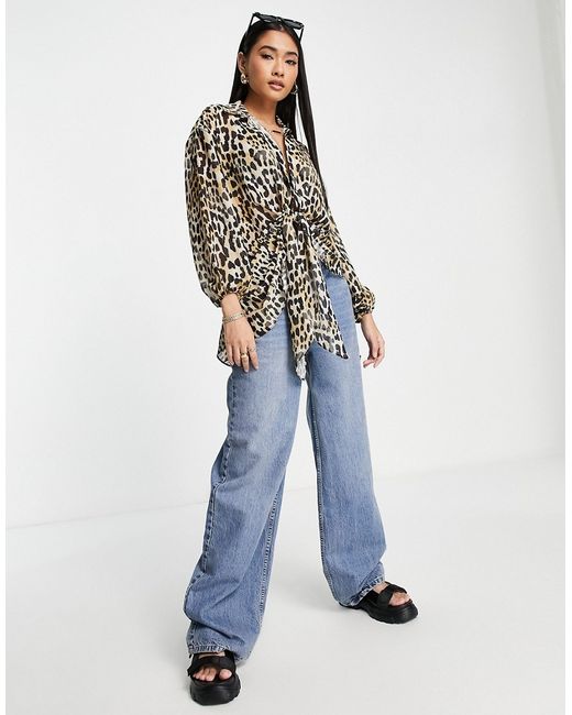 River Island twist tie front blouse in animal print-