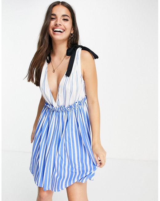 Asos Design mini dress with tie shoulder in mix-match stripe