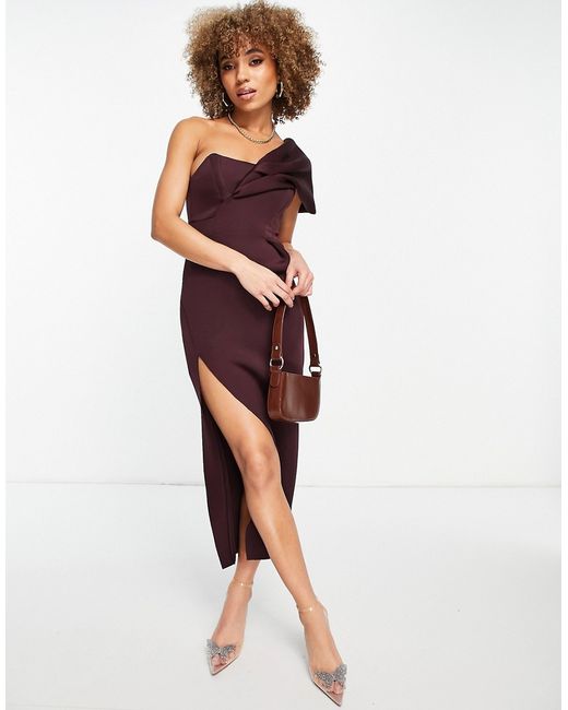 Asos Design one shoulder seamed bust midi dress with high leg split in aubergine-