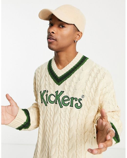 Kickers applique cable knit v neck sweater in off