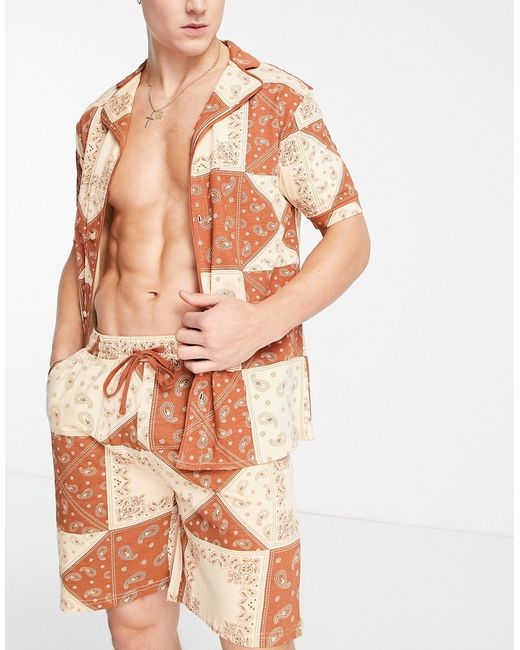 Brave Soul shirt and shorts pajama set in rust paisley print-