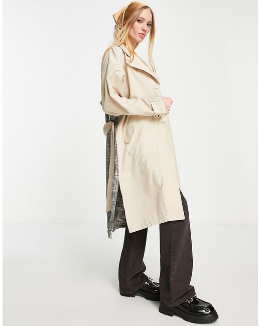 Only spliced check longline trench coat in sand-