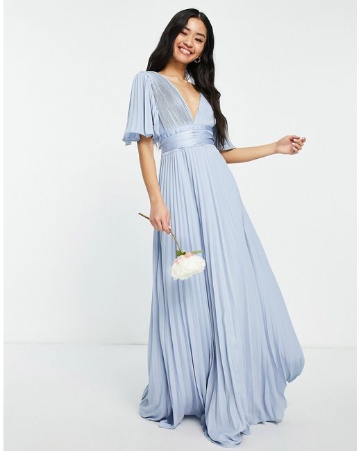 Asos Design Bridesmaid pleated flutter sleeve maxi dress with satin wrap waist in