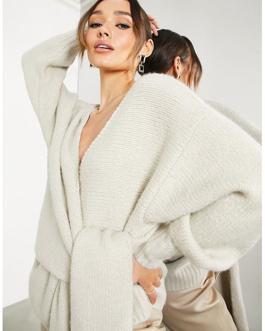 ASOS Edition tie front oversized knit cardigan in oatmeal-