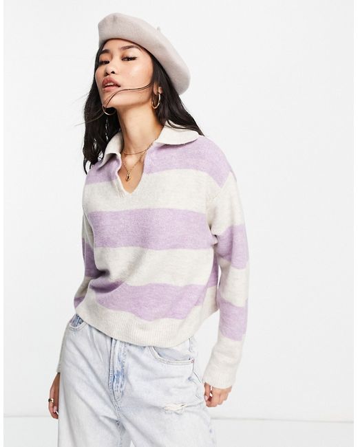 Pull & Bear stripey sweater with collar in lilac and ecru-