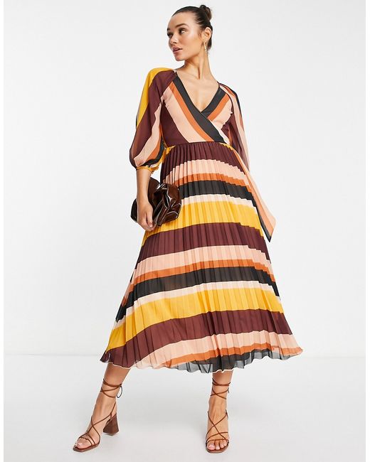 Asos Design pleated wrap midi dress in stripe