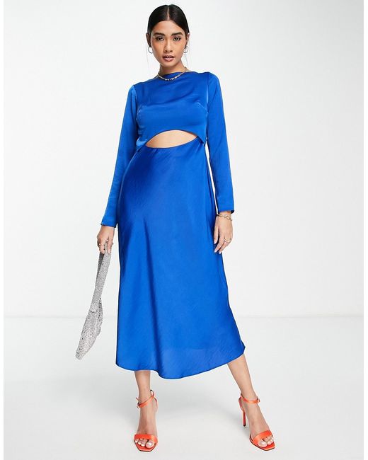 Asos Design satin midi dress with cowl back and tie in cobalt-