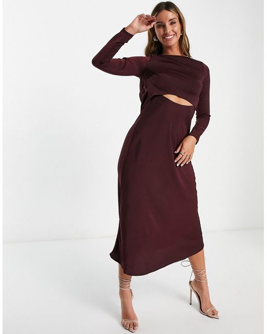 Asos Design satin midi dress with cowl back and tie in wine-