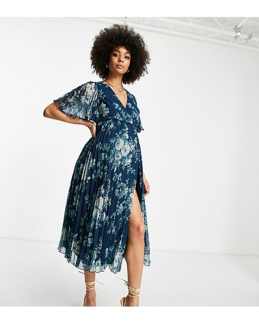 ASOS Maternity DESIGN Maternity exclusive pleated midi dress with kimono sleeve and tie waist in floral print-