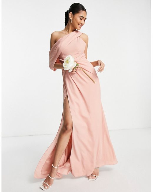 Asos Design Bridesmaid fallen shoulder maxi dress with pleat detail skirt in rose-