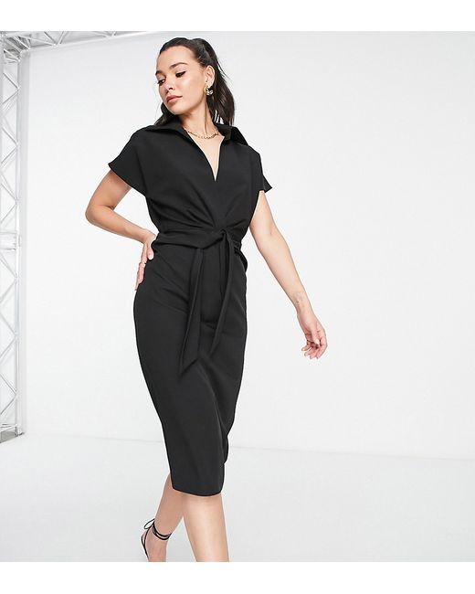 ASOS Tall DESIGN Tall collared wrap front midi dress with knot in