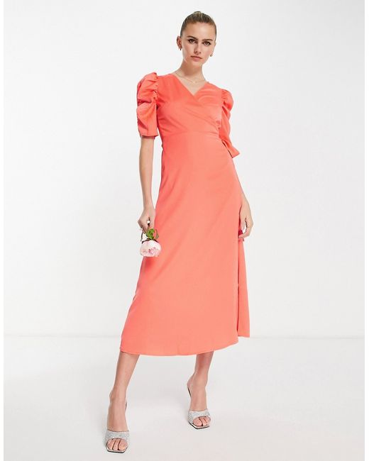 Y.A.S Bridesmaid puff sleeve wrap front midi dress in bright