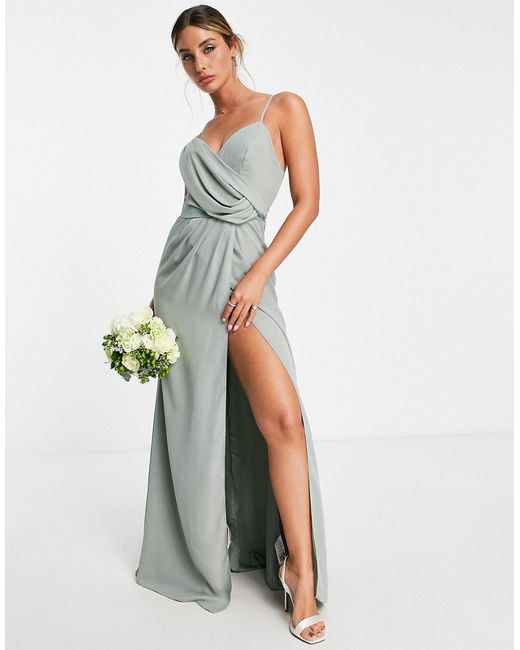 Asos Design Bridesmaid drape cami maxi dress with wrap waist in olive-