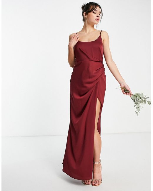 Asos Design Bridesmaid cami maxi dress with drape detail skirt in wine-