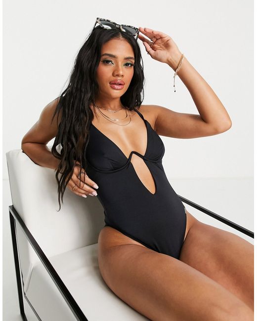 Free Society monowire swimsuit with deep plunge cut out detail in