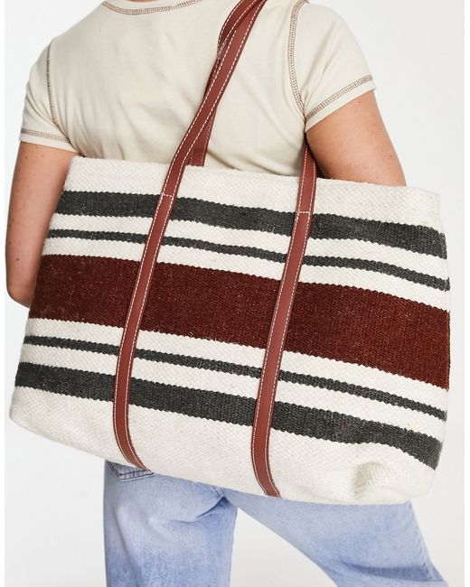 Mango large stripe pattern tote bag with leather handle in