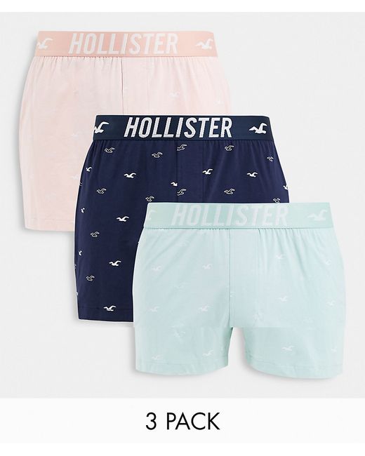 Hollister 3-pack logo waistband all-over icon boxers in green/navy/pink-