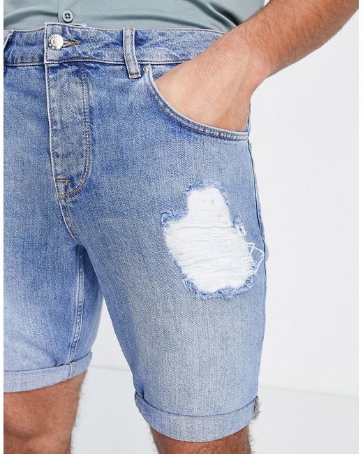 Asos Design slim denim shorts in dark wash with rips