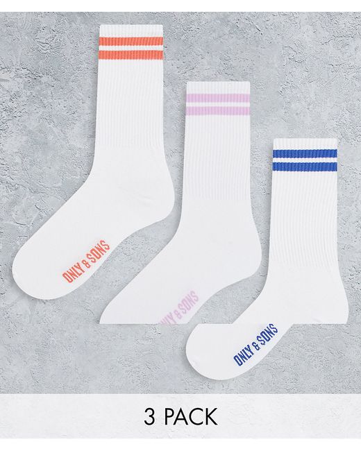 Only & Sons 3 pack tennis socks with red blue lilac stripe-
