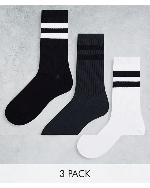 Only & Sons 3 pack tennis socks with stripe in black white-