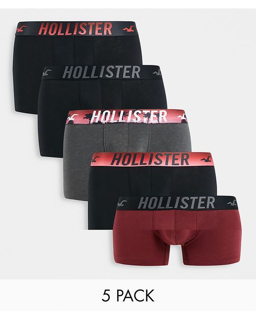 Hollister 5 pack logo waistband trunks in black/red/gray-