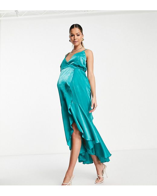 Flounce London Maternity satin wrap front midi dress in emerald