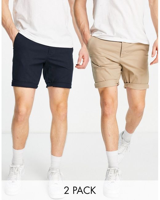 Asos Design 2 pack skinny chino shorts in stone navy-