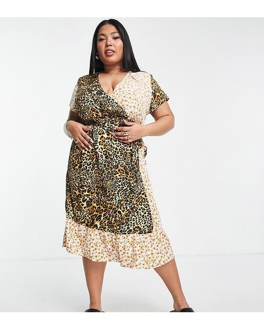 Vila Curve Exclusive midi wrap dress in mixed floral and leopard print-