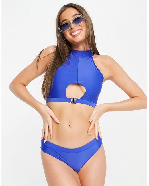 Brave Soul halter cut out bikini with buckle detail in cobalt