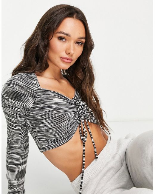 Lost Ink crop top with drawstring front in space knit-