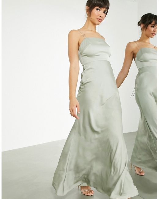 ASOS Edition satin square neck maxi dress with tie back in sage