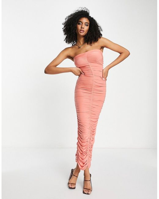 River Island ruched bandeau bandage maxi dress in pink-