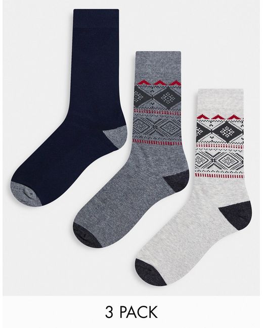 Abercrombie & Fitch 3 pack socks in Fair Isle gray/cream/plain navy-