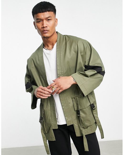 Bershka kimono jacket in khaki-