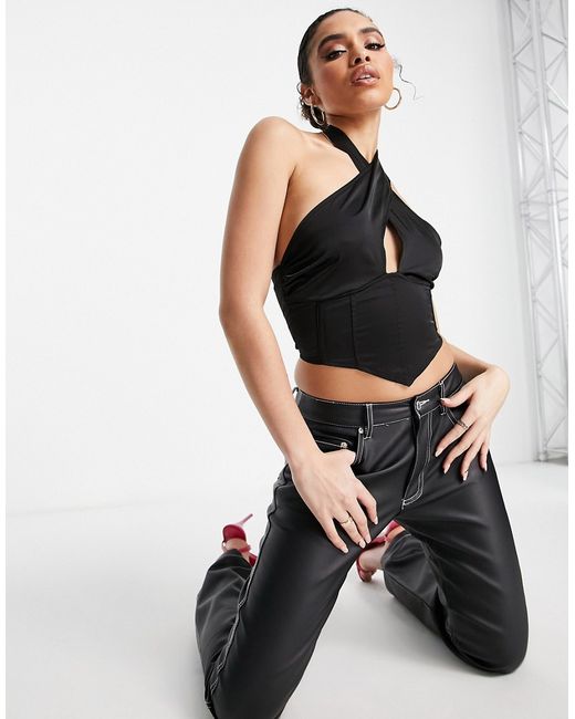 Missguided halter neck wrap top in satin