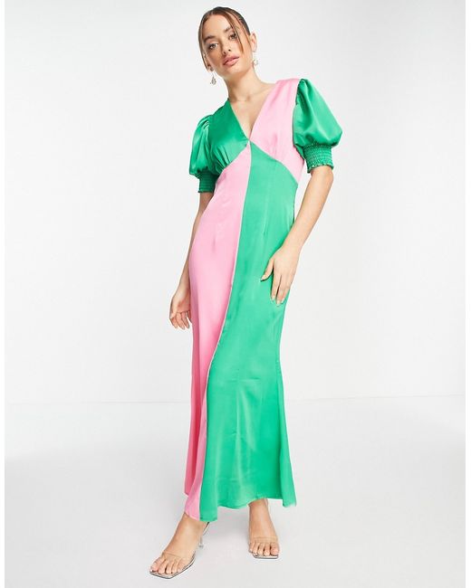 Never Fully Dressed contrast puff sleeve maxi dress in block-