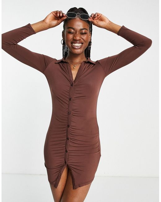 New Look ruched front collared dress in chocolate-