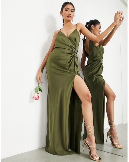 ASOS Edition satin cami maxi dress with drape detail in olive-