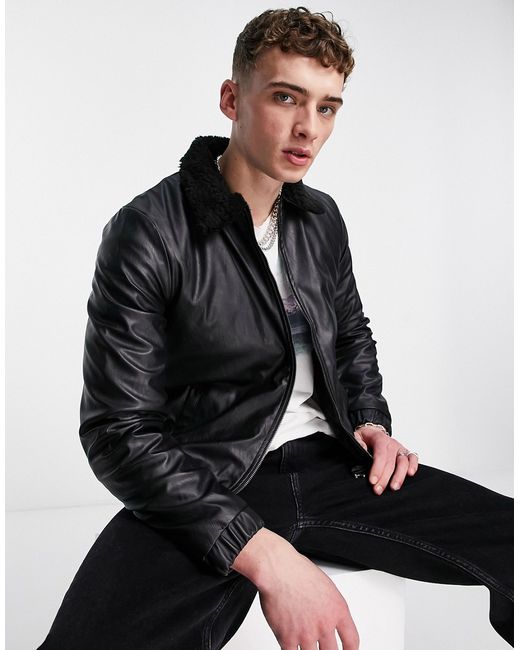 Bolongaro Trevor faux leather bomber jacket with borg collar in