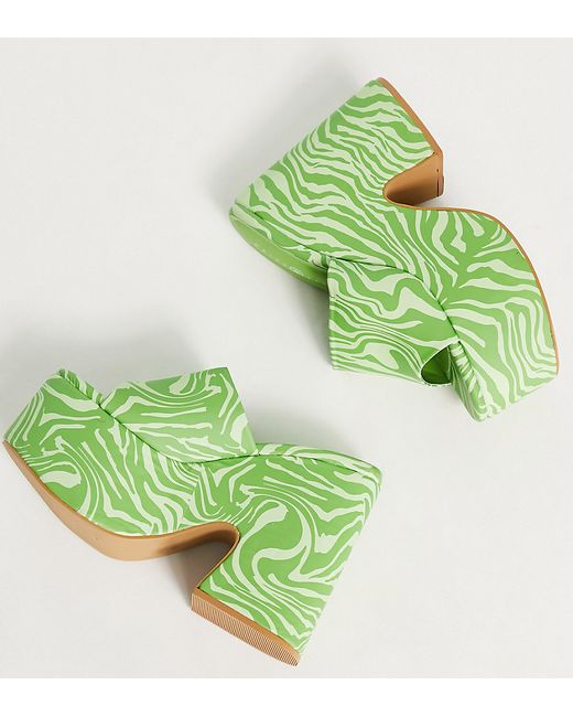 Daisy Street Exclusive chunky platform mule sandals in green zebra print-