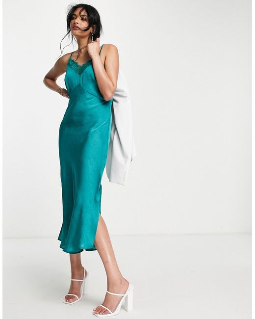French Connection satin cami dress with lace detail in teal-