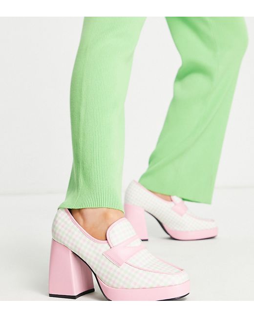 Daisy Street Exclusive platform heeled shoes in pink and green gingham-