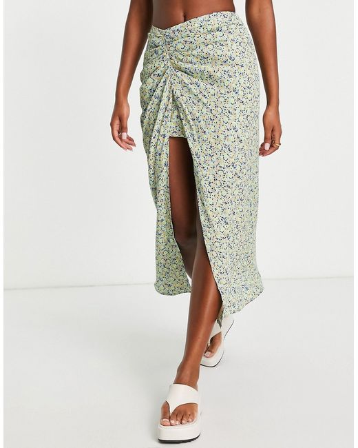 Stradivarius midi slip skirt with ruched side in floral print-