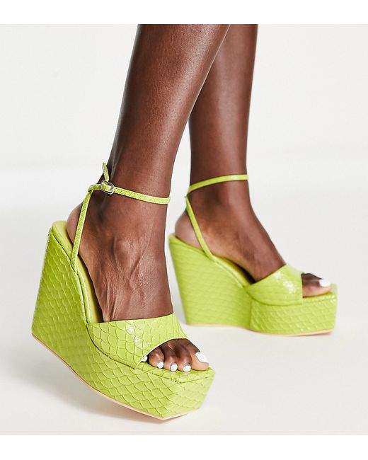 Public Desire Wide Fit Kempton wedge heeled sandals in lime snake-