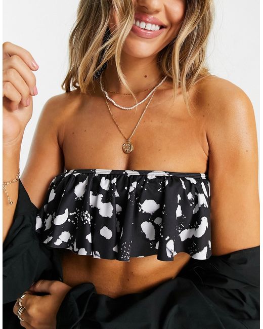 Asos Design recycled mix and match frill bandeau bikini top in mono spot print-