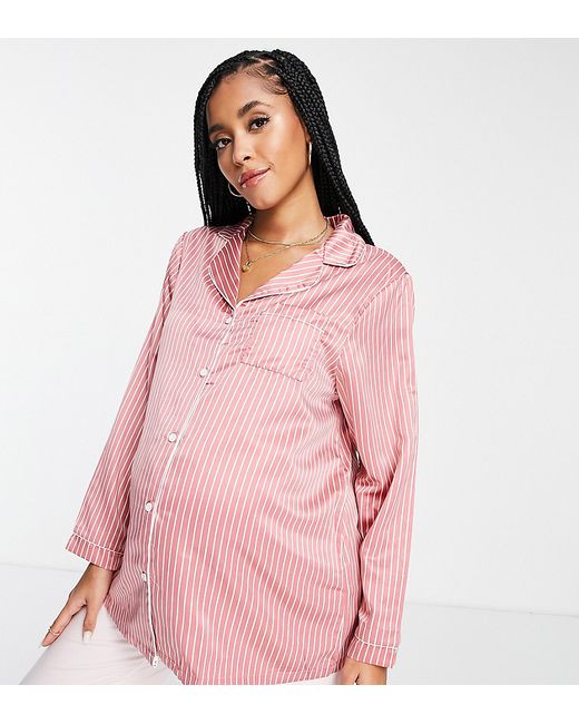 Loungeable Maternity satin pajama shirt in dark and cream pinstripe part of a set
