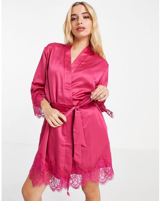 Loungeable satin robe with lace trim raspberry part of a set-