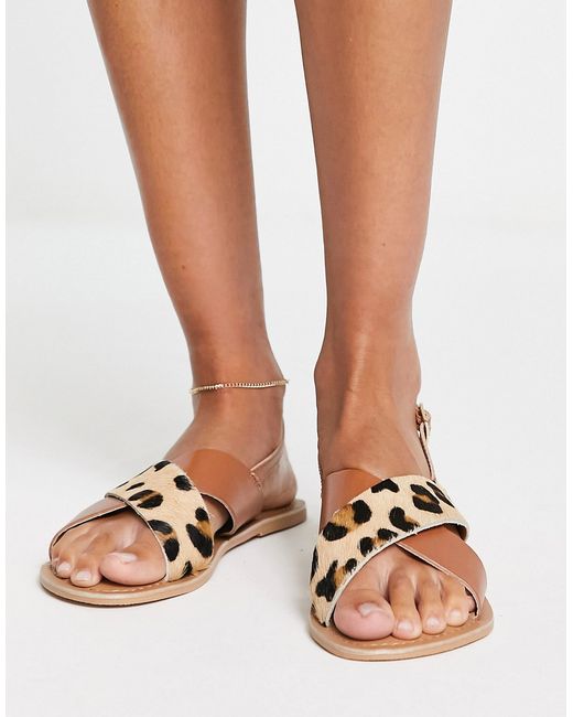 Hugo Boss London Rebel leather cross strap flat sandals in tan with leopard-