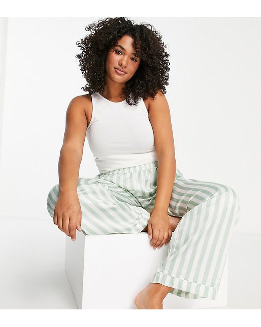 Loungeable Plus satin pajama pants in sage and cream stripe part of a set